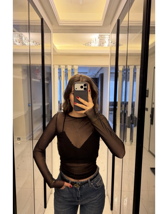 Siyah Jenna Transparan Tül Bluz