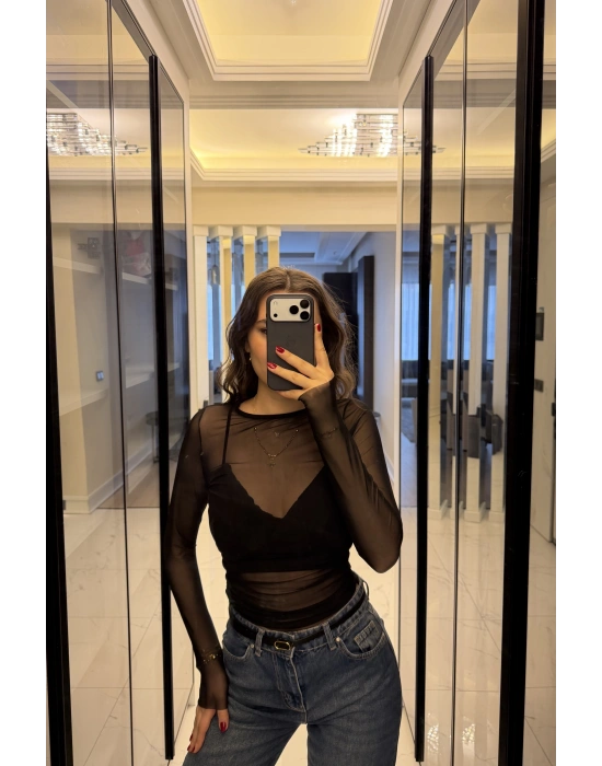 Siyah Jenna Transparan Tül Bluz