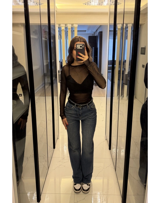 Siyah Jenna Transparan Tül Bluz