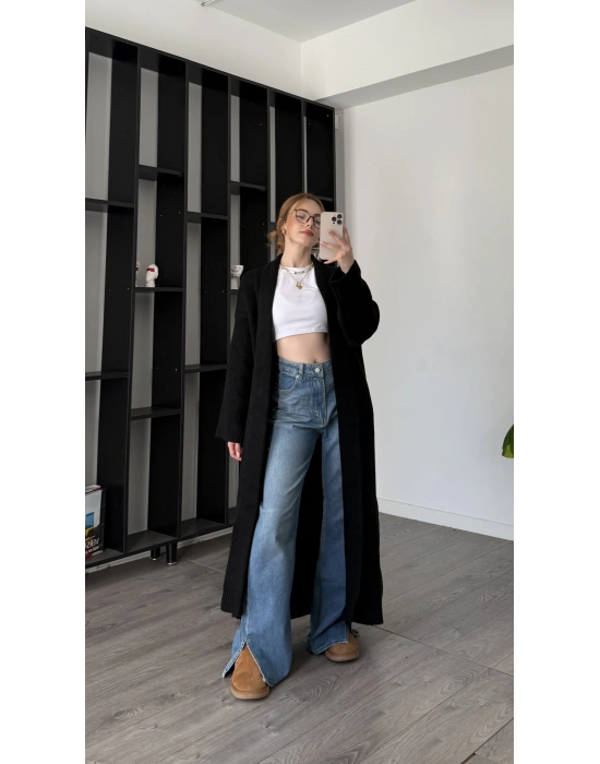 Siyah Kenny Şal Yakalı Uzun Triko Hırka