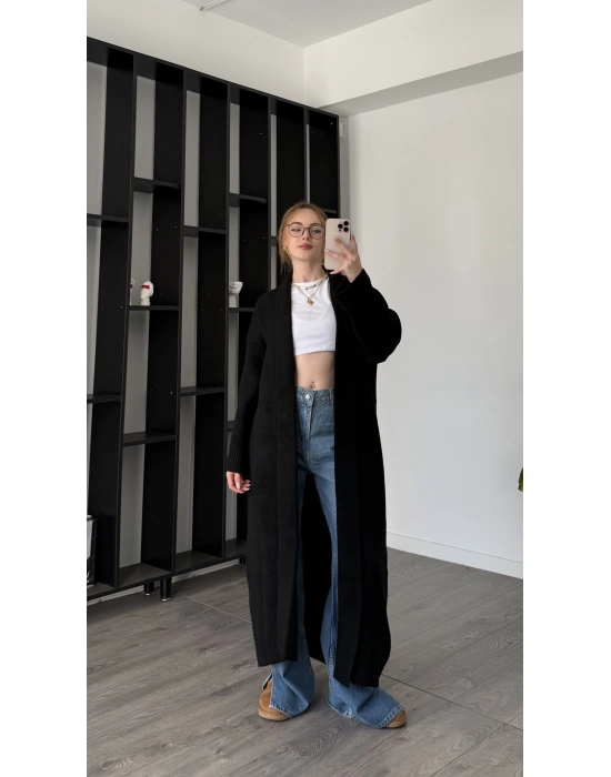 Siyah Kenny Şal Yakalı Uzun Triko Hırka