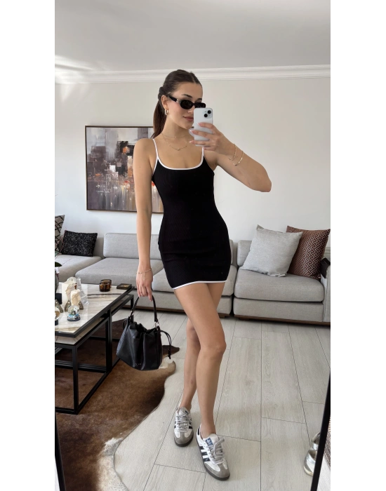 Siyah Kontrast Fitilli Mini Elbise