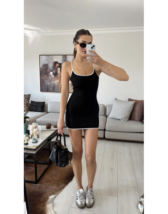 Siyah Kontrast Fitilli Mini Elbise