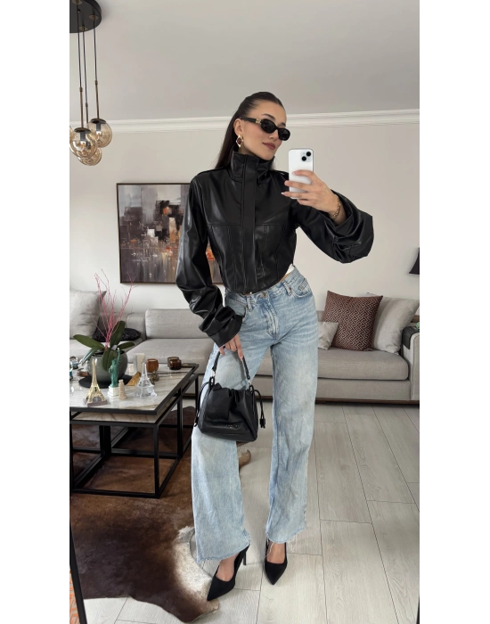 Siyah Korse Kesim Deri Ceket