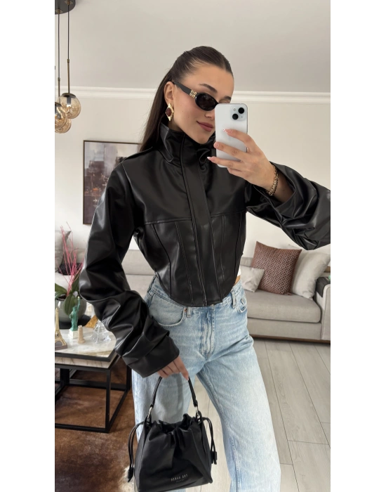Siyah Korse Kesim Deri Ceket