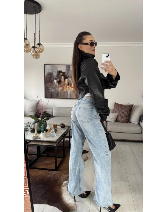 Siyah Korse Kesim Deri Ceket