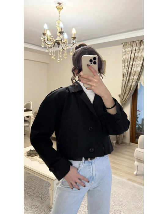 Siyah Kruvaze Düğmeli Kısa Trençkot
