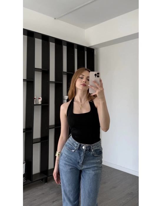 Siyah Lancel Astarlı Boyundan Askılı Basic Bluz