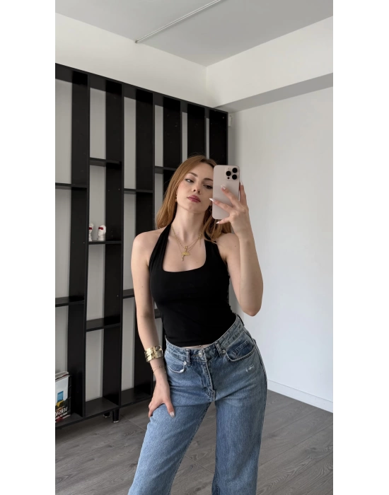 Siyah Lancel Astarlı Boyundan Askılı Basic Bluz