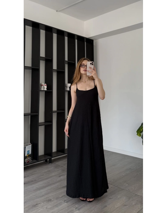 Siyah Laura İnce Askılı Bürümcük Elbise