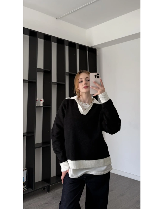 Siyah Layla Polo Yakalı Triko Kazak