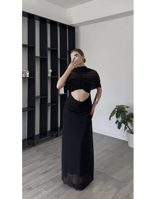 Siyah Lili Tül Omuz Detaylı Elbise