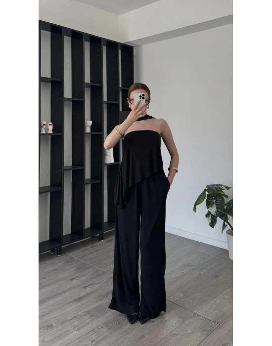 Siyah Lina Şal Detaylı Asimetrik Straplez Takım