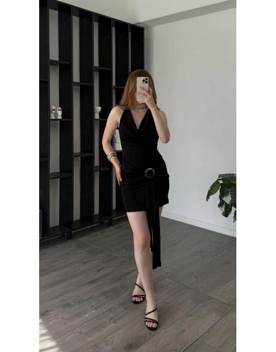Siyah Livia Kuşaklı Degaje Yakalı Elbise