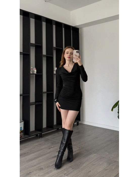 Siyah Loly Degaje Yakalı Elbise