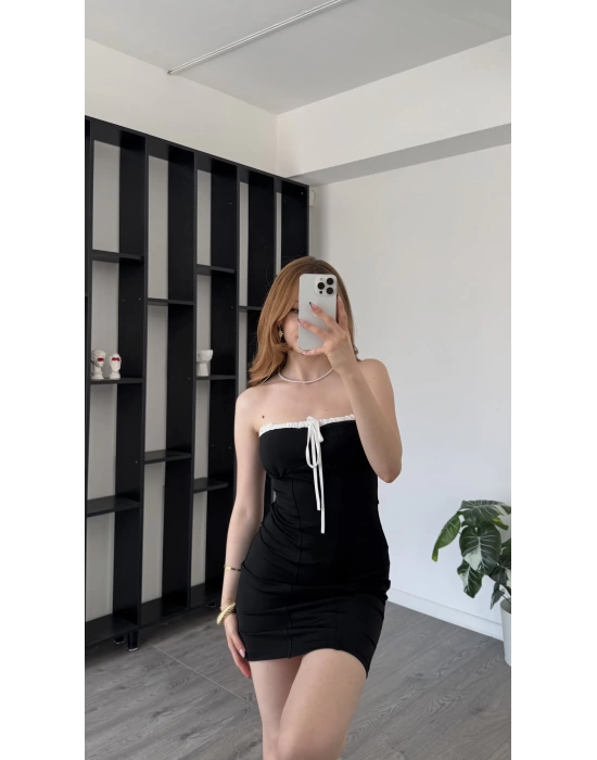 Siyah Loren Bağcık Yaka Detaylı Straplez Elbise