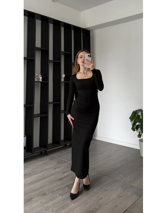 Siyah Luis Kare Yaka Basic Uzun Elbise