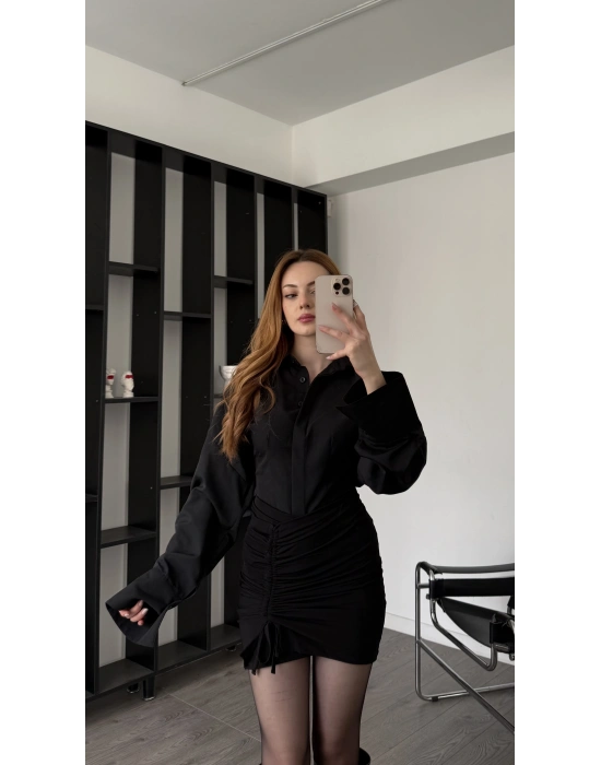 Siyah Luzy Belden Oturtma Gömlek