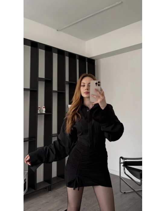 Siyah Luzy Belden Oturtma Gömlek