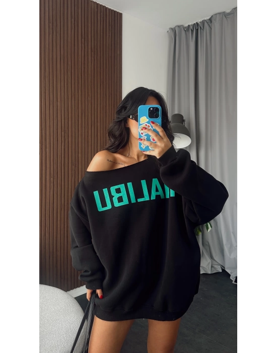 Siyah Malibu Tek Omzu Düşük Oversize Sweatshirt