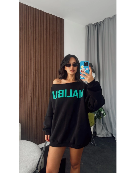 Siyah Malibu Tek Omzu Düşük Oversize Sweatshirt