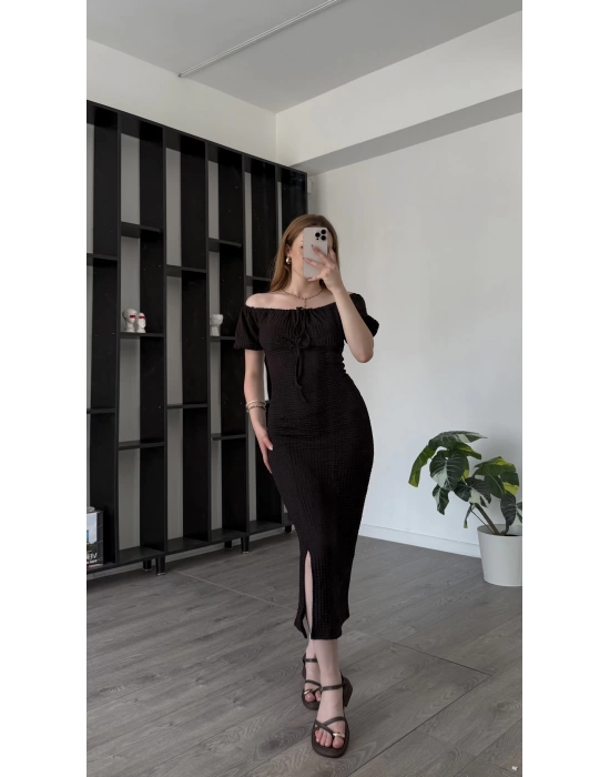 Siyah Maria Balon Kollu Gofre Elbise