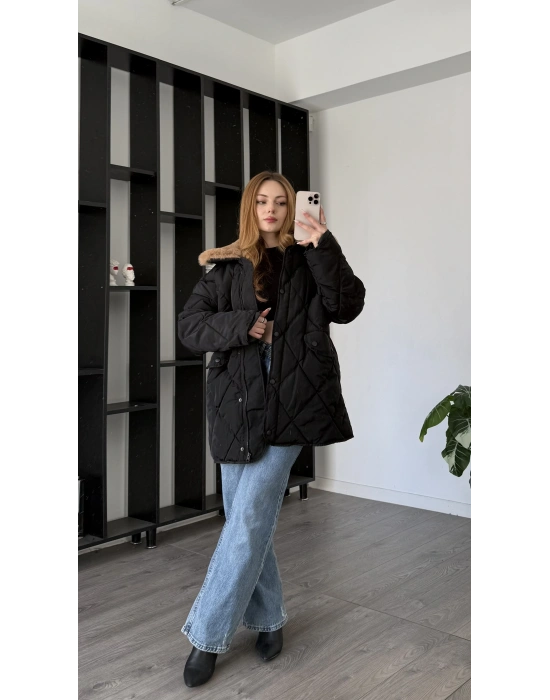 Siyah Maria Kürk Yakalı Şişme Mont