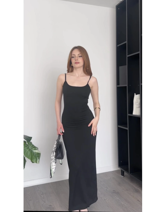 Siyah Melina Askılı Basic Uzun Elbise