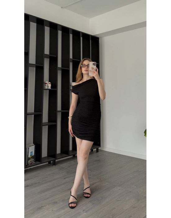 Siyah Melys Bürümcük Düşük Omuzlu Elbise