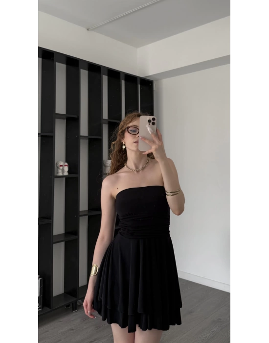 Siyah Meris Volanlı Straplez Elbise