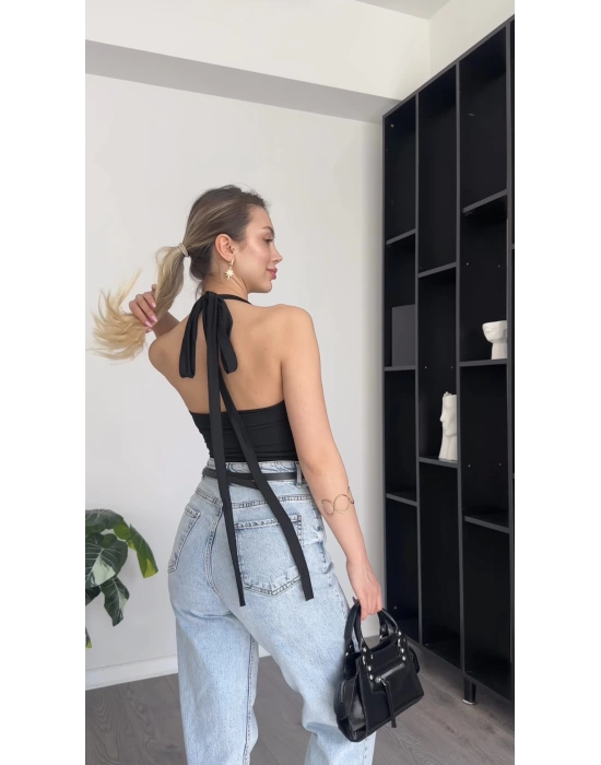 Siyah Mery Boyundan Bağlamalı Bluz