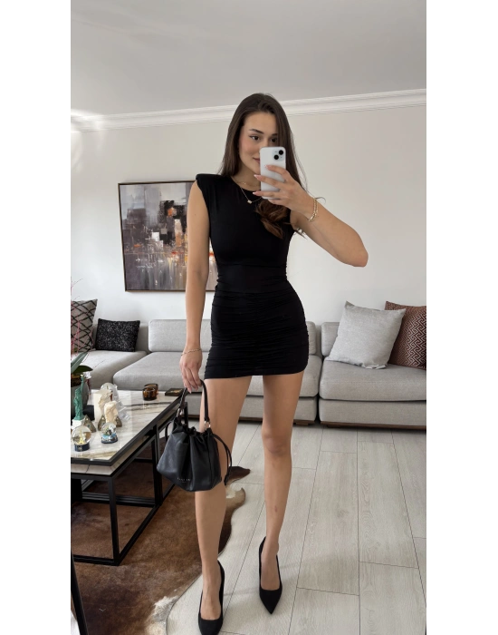 Siyah Mila Drapeli Mini Elbise