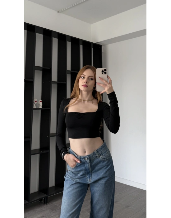 Siyah Mira Basic Crop Bluz