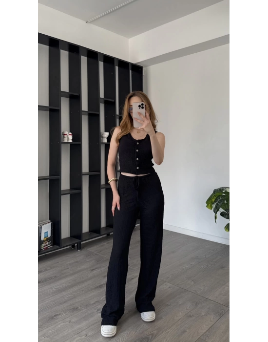 Siyah Ole Düğmeli Bürümcük Takım