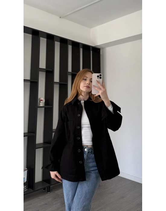 Siyah Oversize Gabardin Gömlek Ceket