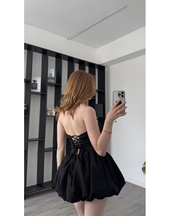 Siyah Perla Bağcık Sırtlı Balon Etekli Straplez Elbise