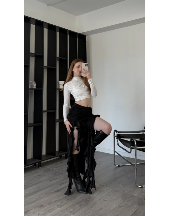 Siyah Pinna Tasarım Fırfır Yırtmaçlı Etek