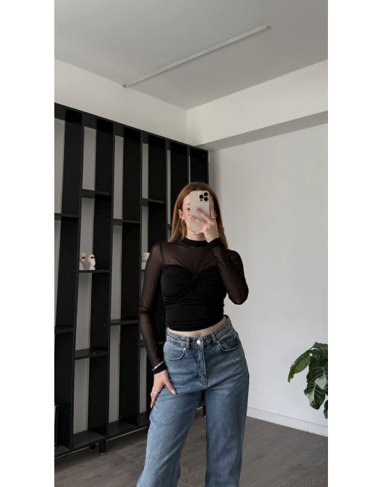 Siyah Rosa Tül Detay Düğüm Bluz
