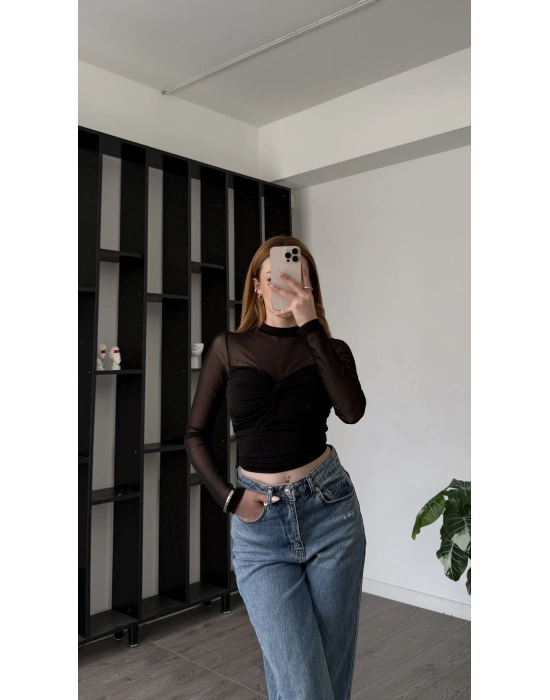 Siyah Rosa Tül Detay Düğüm Bluz