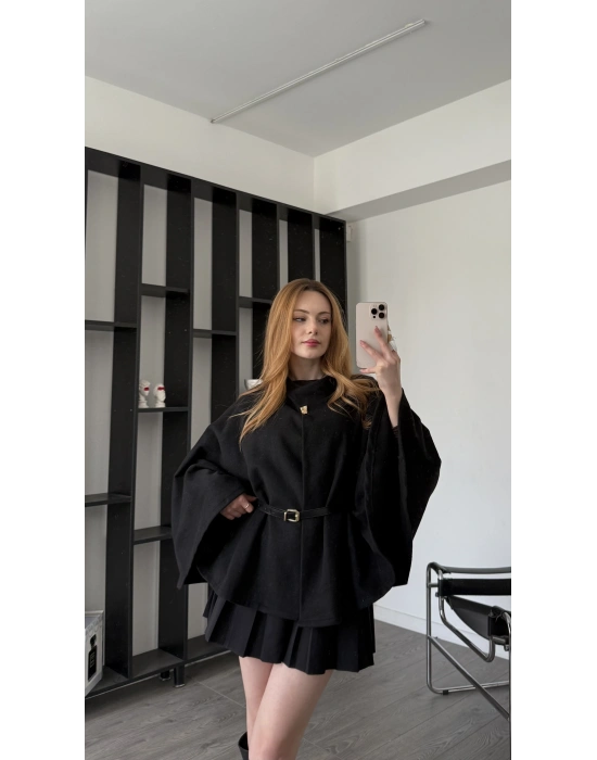 Siyah Rozy Kemerli Kaşe Panço