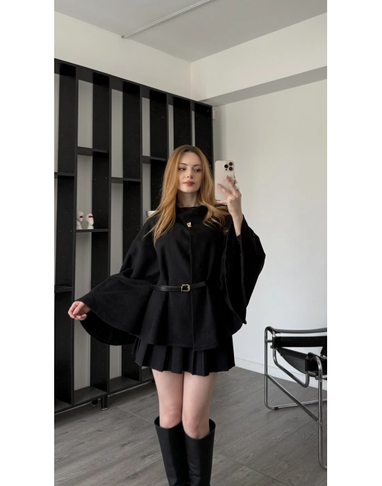 Siyah Rozy Kemerli Kaşe Panço
