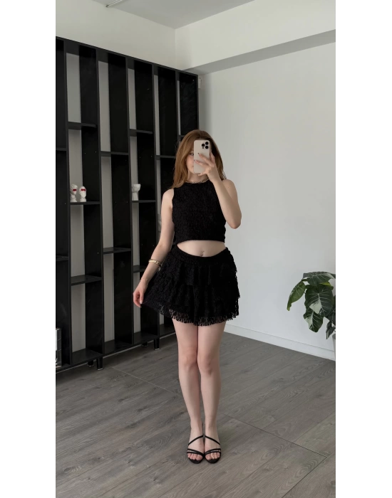 Siyah Ruby Kolsuz Bluz Etek Güpürlü Takım