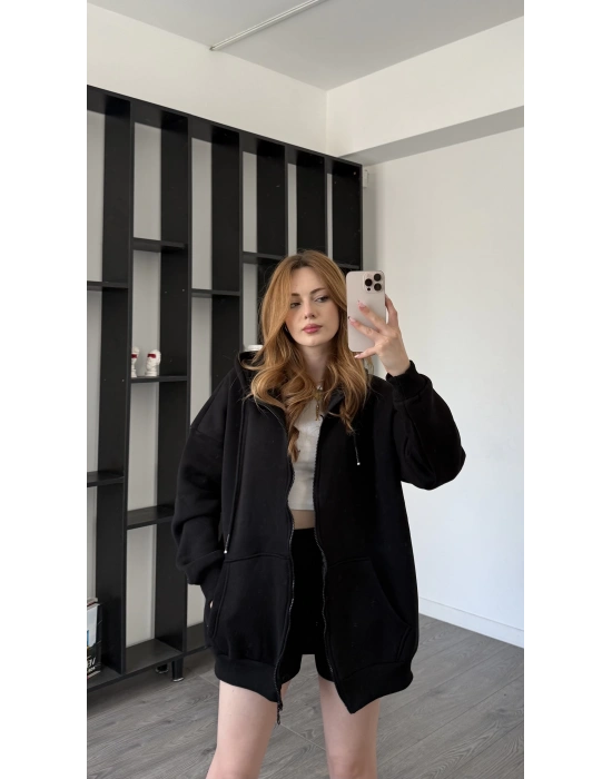 Siyah Sane Kapüşonlu Oversize Hırka