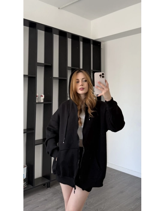 Siyah Sane Kapüşonlu Oversize Hırka