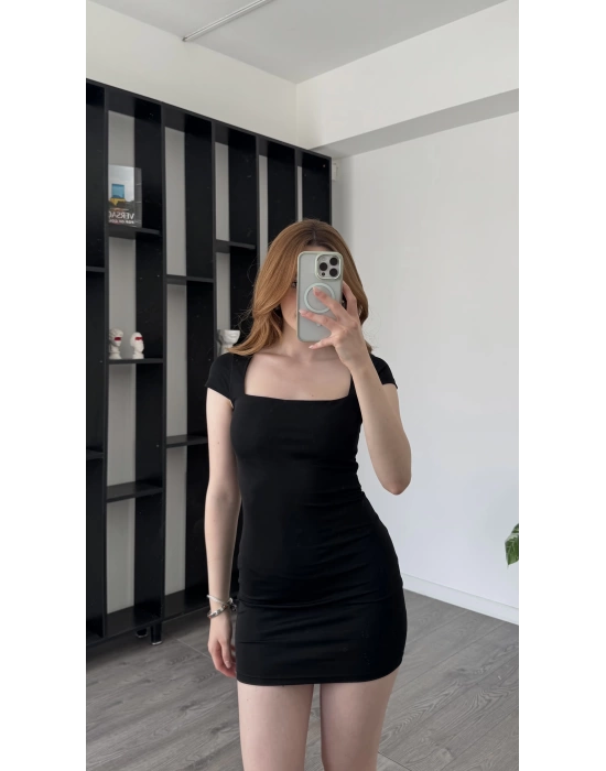 Siyah Sarah Kısa Kollu Mini Basic Elbise