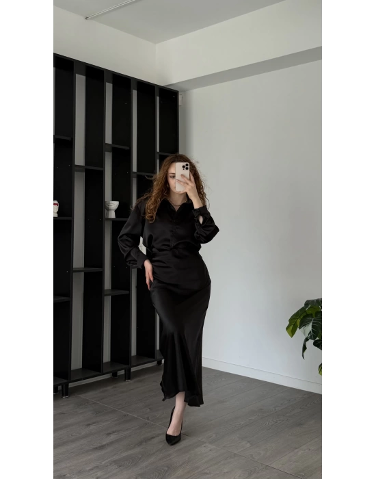 Eira Siyah Saten Gömlek & Etek 2’li Takım