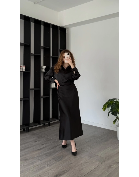 Eira Siyah Saten Gömlek & Etek 2’li Takım