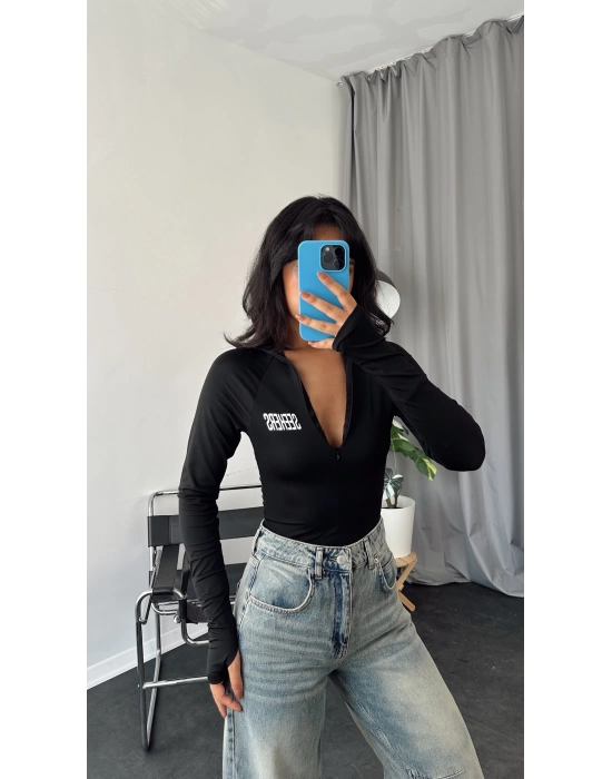 Siyah Seekers Fermuarlı Bodysuit