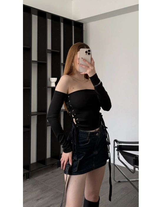 Siyah Sienna Kuşgözü Bağcıklı Bluz