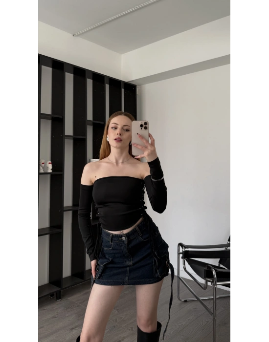 Siyah Sienna Kuşgözü Bağcıklı Bluz